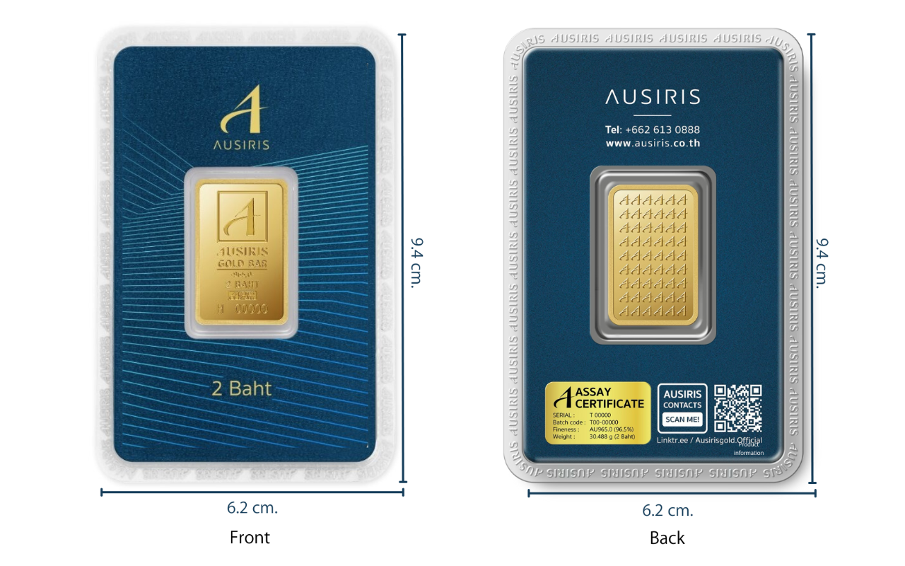 9.4 cm. 9.4 cm. STAMPED GOLD BARS Front CertiAUSIRIS packaging is a guarantee of genuine AUSIRIS bars and quality excellence 9.4 cm. 9.4 cm. Back Product information WWW.AUSIRIS.CO.TH - 2